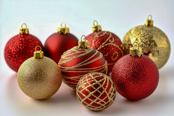 Red and gold Christmas ornaments with glittery details on a white background. Elegant holiday decorations for festive celebrations.