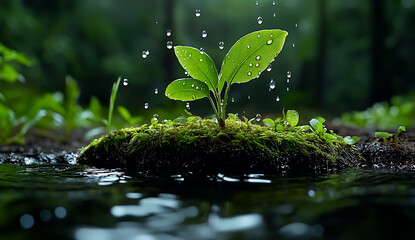 beautiful nature background with water splash and grass, macro shot, copy space concept