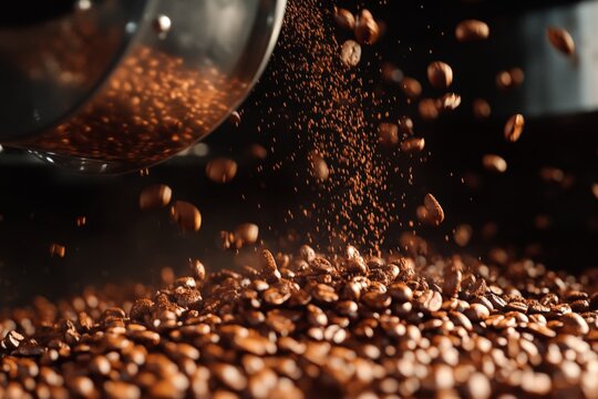 Coffee beans falling from a grinder with ground coffee scattering in a dimly lit space