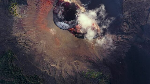 Aerial drone view of active Rinjani volcano during sunrise, Lombok, Indonesia
