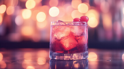 Frosty cocktail in a bar, icy glass with condensation, blurred warm lights in the background, evoking a cozy nightlife vibe.