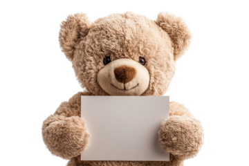 Cute teddy bear holding a blank sign in a playful pose