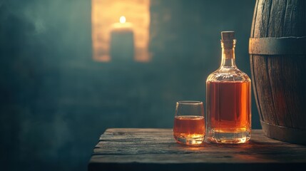 Warm amber whiskey in a glass beside a bottle on a rustic wooden table, softly lit by a candle in a cozy cellar ambiance