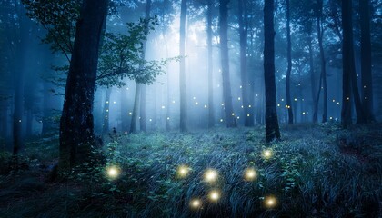 Dreamy moonlit forest with glowing fireflies, soft mist in the background, creating a magical and serene atmosphere