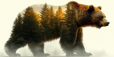 Double exposure of a grizzly bear overlaid with a mountain pine forest in the mist