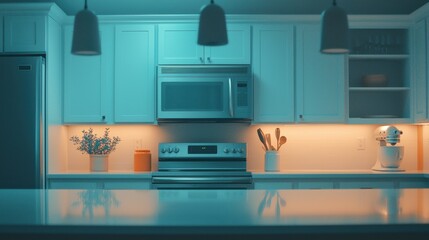 Modern kitchen interior with sleek appliances, soft blue lighting, white cabinetry, and stylish decor elements creating an inviting atmosphere