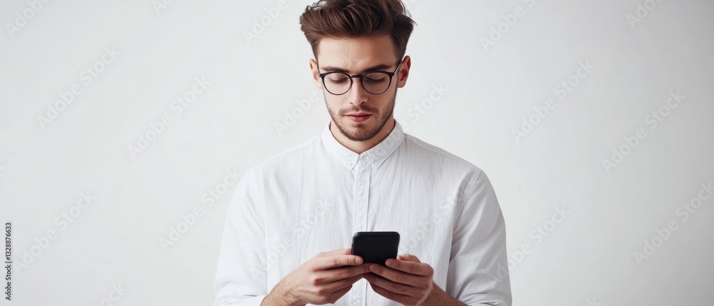 Poster a person studying their mobile device in a neutral background
