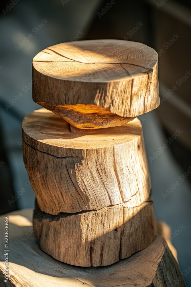 Poster a pile of wooden slices stacked vertically, often used as decorative element or in construction