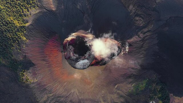 Aerial drone view of active Rinjani volcano during sunrise, Lombok, Indonesia