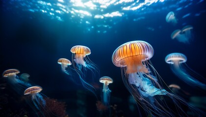 Fototapeta premium Deep ocean with mysterious glowing jellyfish drifting in soft motion blur, creating an ethereal and otherworldly atmosphere