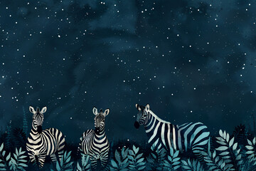 蒼い世界の草原を歩くシマウマ（水彩画）