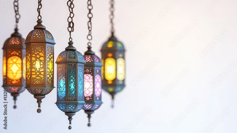 Poster a cluster of colorful lights suspended from a ceiling, perfect for parties or events