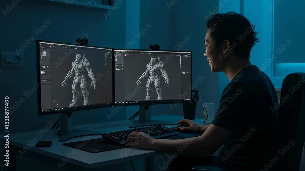 Aufkleber asian man creating 3d model of robot armor on computer monitors in dark room. digital artist working