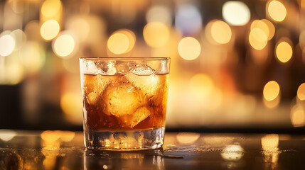 Frosty cocktail in a bar, icy glass with condensation, blurred warm lights in the background, evoking a cozy nightlife vibe.