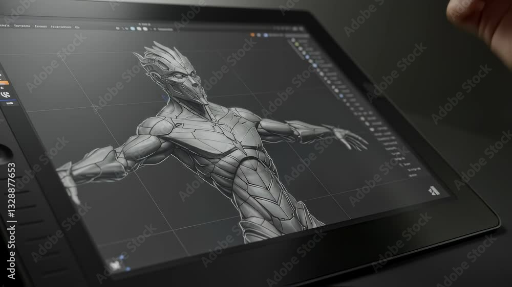 Poster man sculpting alien character on interactive display footage. 3d model creation motion clip. artist 