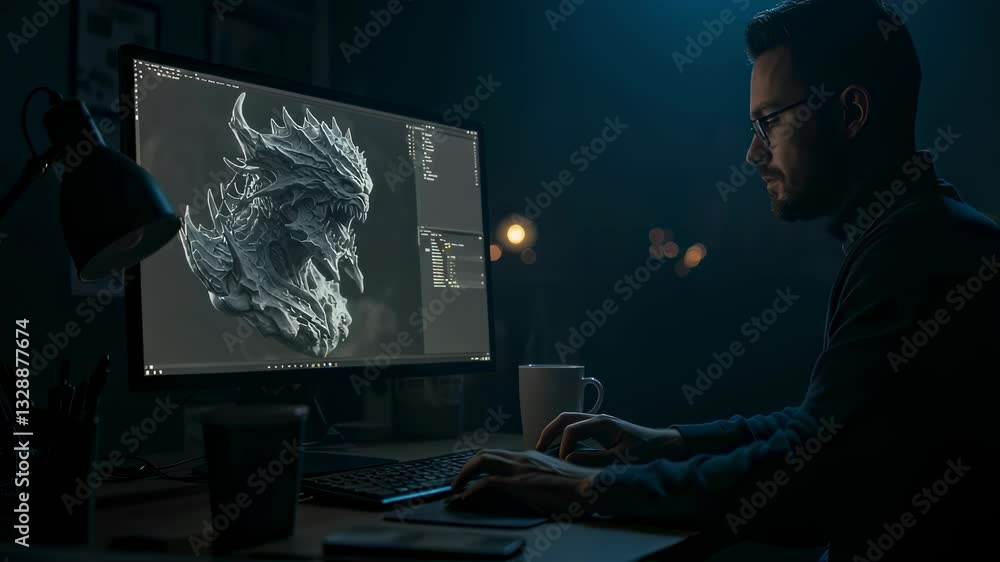 Poster man creating dragon 3d model on computer in dark room video footage. male character modeling monster