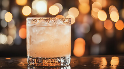 Frosty cocktail in a bar, icy glass with condensation, blurred warm lights in the background, evoking a cozy nightlife vibe.