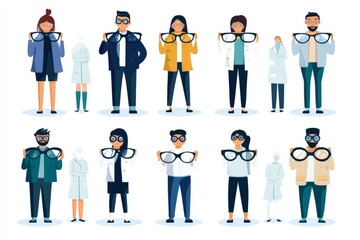 Group of diverse characters wearing oversized glasses in a playful arrangement at a creative workspace