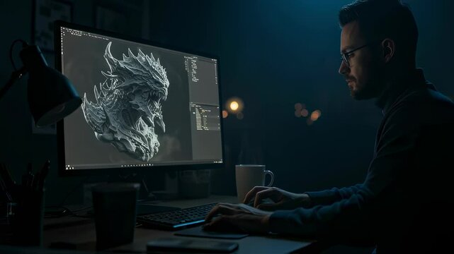 Man creating dragon 3d model on computer in dark room video footage. Male character modeling monster on screen. Digital sculpting and design clip.