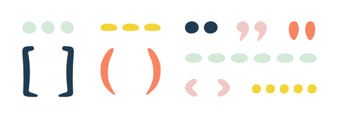 Doodle quotation mark. Hand drawn comma, apostrophe icon. Punctuation sign, underlines, period, ellipsis, dot lines, parentheses. Kids brush color vector shapes for speech, conversation. Simple set