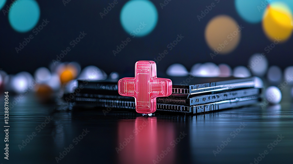 Poster a red illuminated cross sits atop a black console device