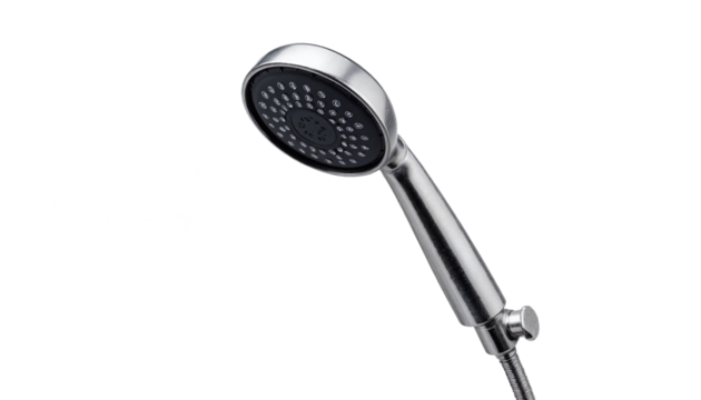 Silver handheld showerhead on transparent background, modern design