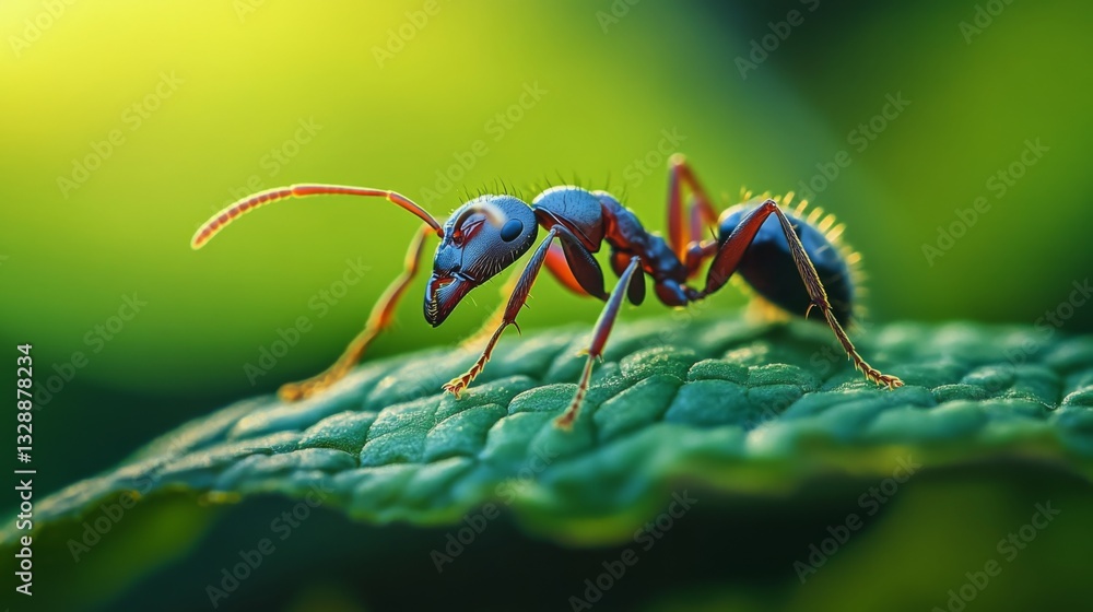 Poster a high-resolution image of a single ant on a green leaf, showcasing its fine details and texture as 
