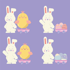 Easter Bunny with Cart to bring Easter Egg and a cute Chick for Design Elements