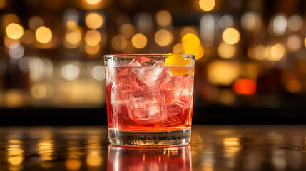 Frosty cocktail in a bar, icy glass with condensation, blurred warm lights in the background, evoking a cozy nightlife vibe.