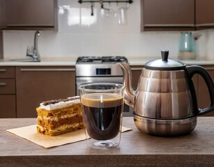 coffee in a glass and next to it there is a teapot and cake on the table with a kitchen back 