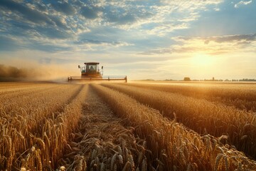 Fototapeta premium A tractor plows through a green wheat field on a sunny day
