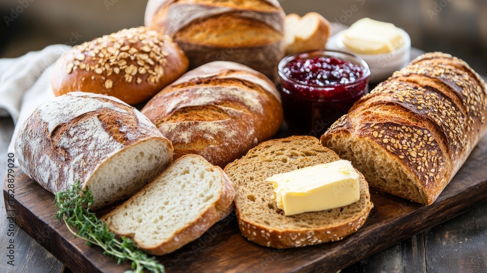 Poster a high-resolution photo of a selection of different bread loaves, including sourdough, ciabatta, and