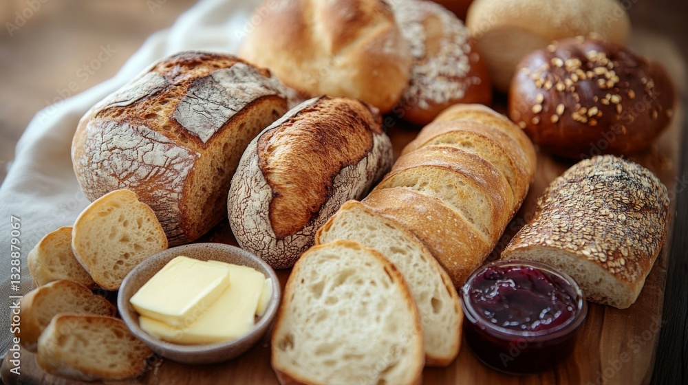 Poster a high-resolution photo of a selection of different bread loaves, including sourdough, ciabatta, and