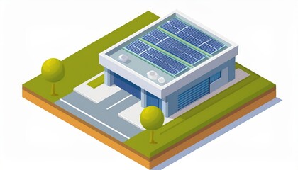 Isometric vector illustration of a modern solar powered building icon