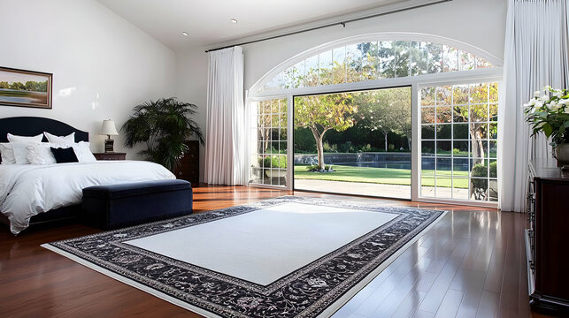 Fototapeta An elegant bedroom featuring a grand window with outdoor view