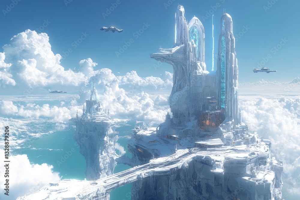 Aufkleber futuristic city skyline with towering structures and advanced technology amidst fluffy clouds and br
