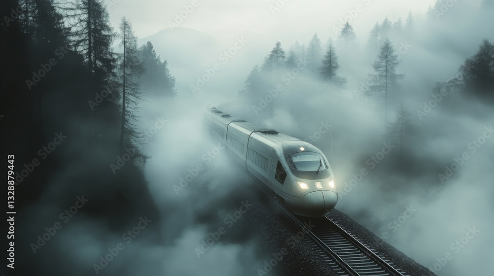 Poster a high-speed train emerging from a foggy forest, with mist surrounding the tracks and creating a mys