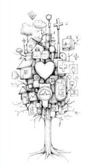 Obraz premium Artistic black and white illustration of a tree merging medical symbols and homes in a whimsical design