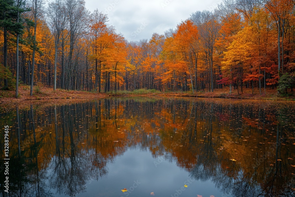 Poster colorful autumn foliage reflected in a tranquil pond surrounded by trees during a cloudy afternoon