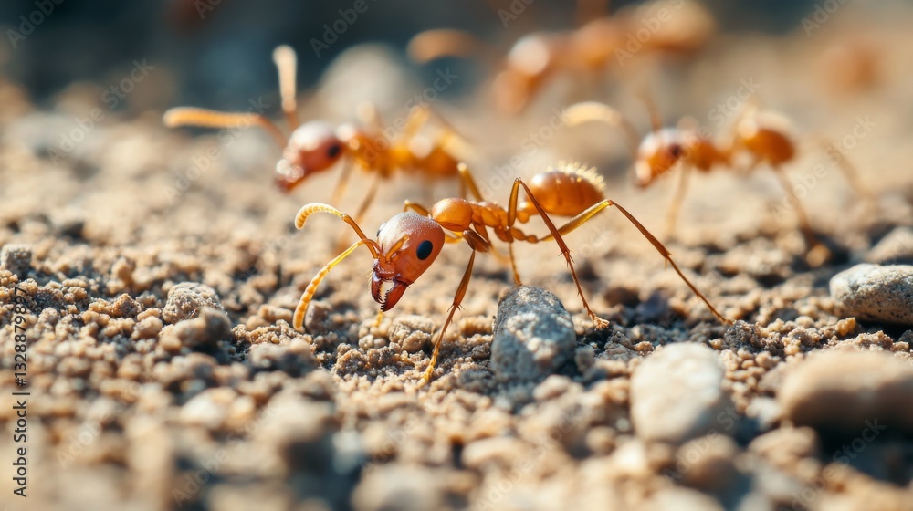 Poster a macro shot of ants on a garden path, with visible details of their legs and bodies, surrounded by 