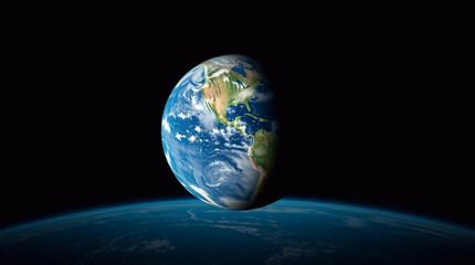 Fototapeta premium A low-angle shot of planet Earth, illuminated by contrasting chiaroscuro lighting. The image emphasizes Earth's vulnerability to pollution