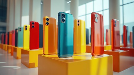 Fototapeta premium Colorful modern smartphone showcase design. Sleek gadgets highlight colorful innovation in electronics. Display bright designs and advanced technology for stylish, high exhibitions.