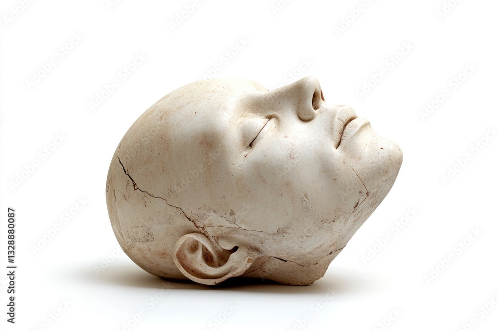 Poster a sculpture of a man's head on a white surface, ideal for use in editorial or commercial projects
