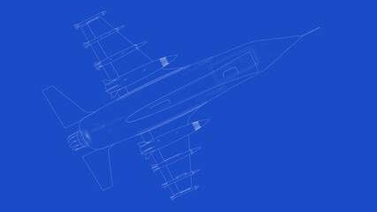 3d rendering of a fighter jet blueprint