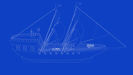 3d rendering of an old wooden warship blueprint