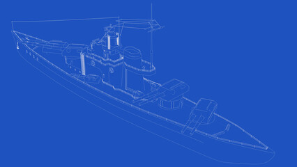 3d rendering of a WW2 battleship blueprint
