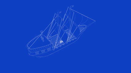 3d rendering of an old wooden warship blueprint