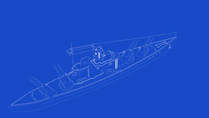 3d rendering of a WW2 battleship blueprint