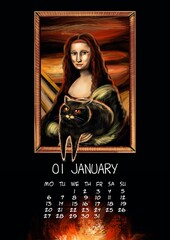 Obraz premium 2025 Annual Calendar animals. Month illustration. Hand Drawn Cat in fire meme.