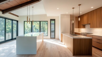 Fototapeta premium Contemporary kitchen interior with natural light, wooden accents, minimalist design, and spacious layout in stylish modern home setting